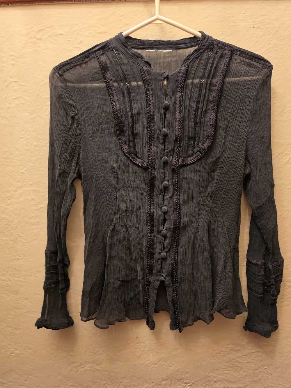 Sheer Crinkle Embroidered Goth Boho Blouse Black S - Picture 2 of 8